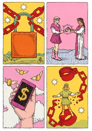 Illustration by August Lamm showing chains, handoff, phone with dollar sign