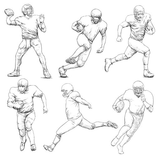 Black and white sketches of football players in various action poses by August Lamm