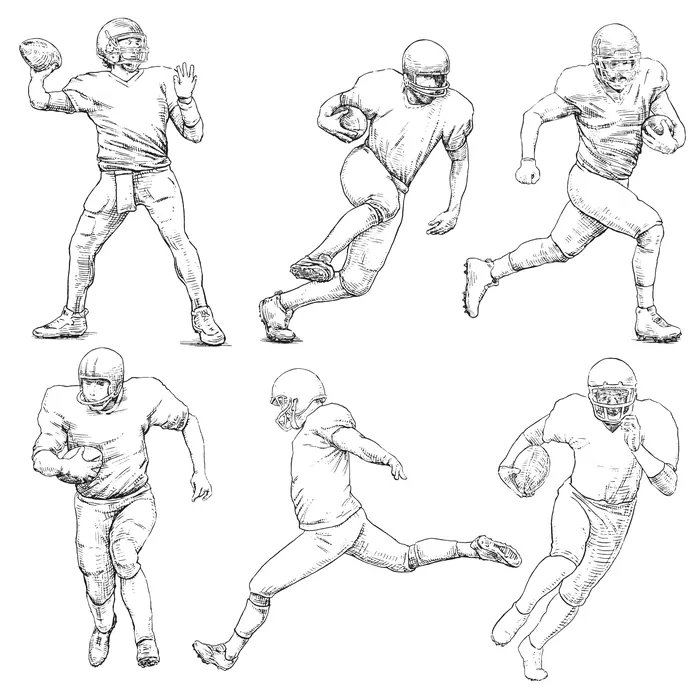Black and white sketches of football players in various action poses by August Lamm
