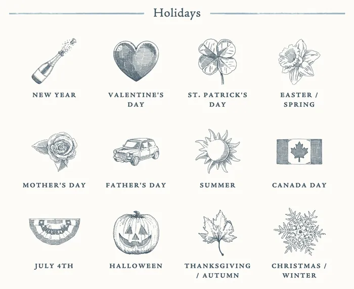Holiday and seasonal symbols chart by August Lamm featuring icons for major celebrations.