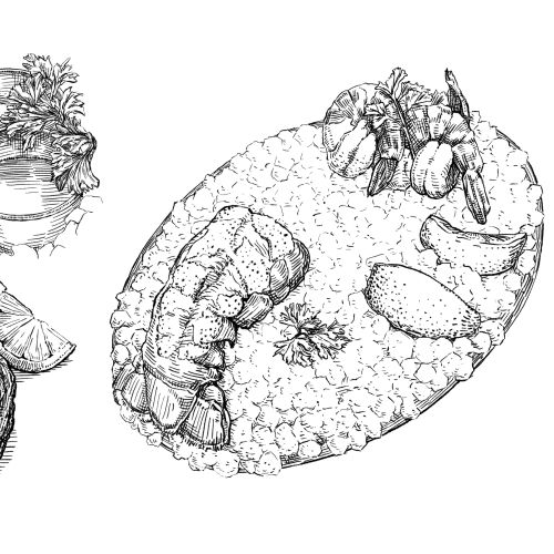 Illustration of shrimp and oysters on a plate by August Lamm