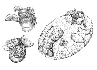 Illustration of shrimp and oysters on a plate by August Lamm