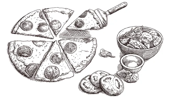 Black and white sketch of pizza and snacks by August Lamm