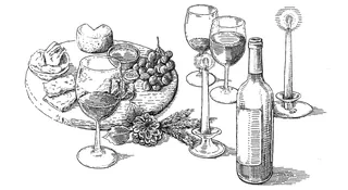 Wine glasses, bottle, cheese, grapes, and candle drawing by August Lamm