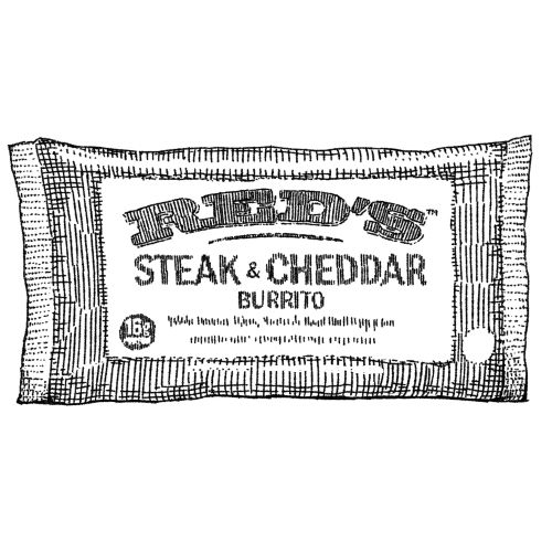 Illustration of Ried's Steak & Cheddar Burrito package by August Lamm