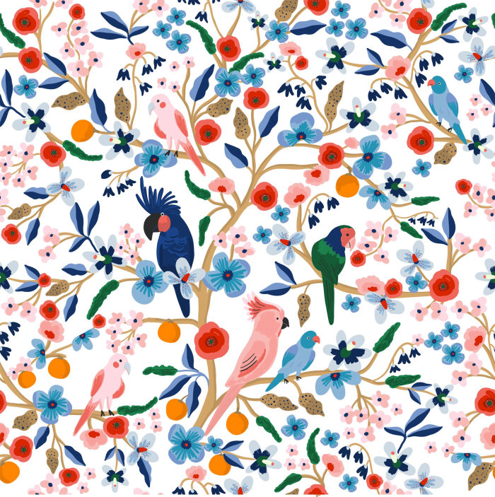 Decorative patterns of birds in trees