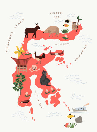 アヤン・チェンパカによるマカッサル海峡地図のイラスト