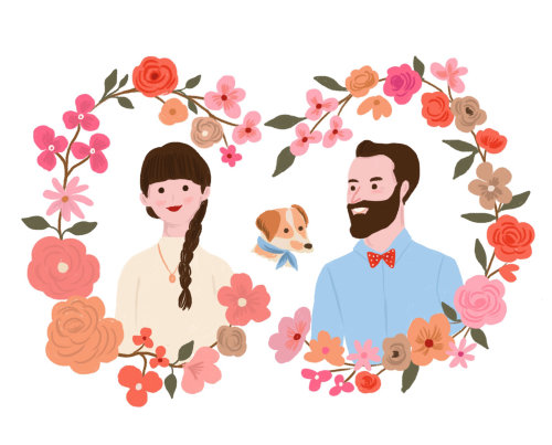 Ilustração em aquarela de casal com moldura floral