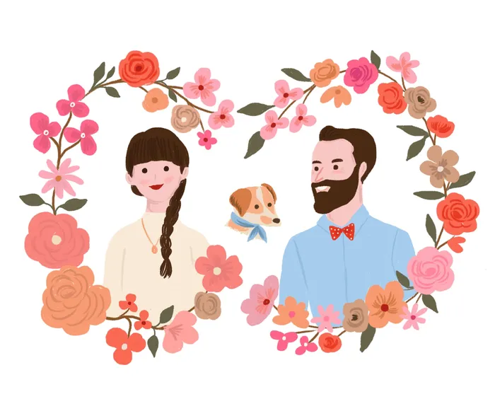 Illustration aquarelle de couple avec cadre floral
