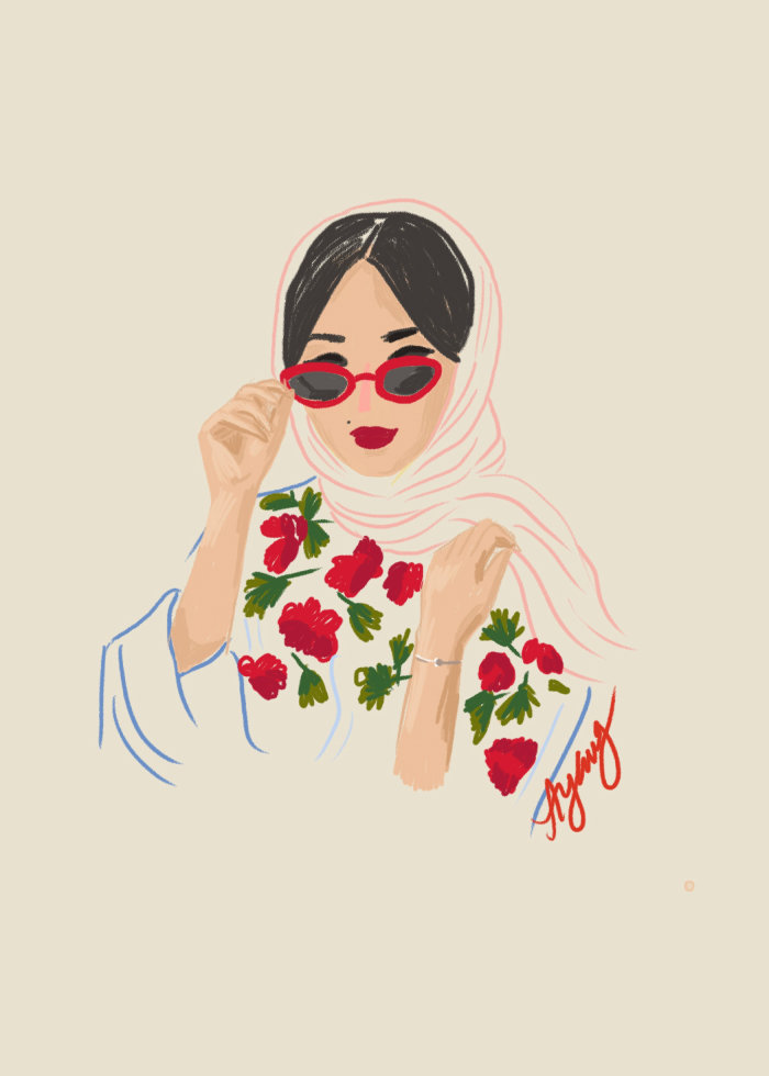 Illustration of woman with floral dress
