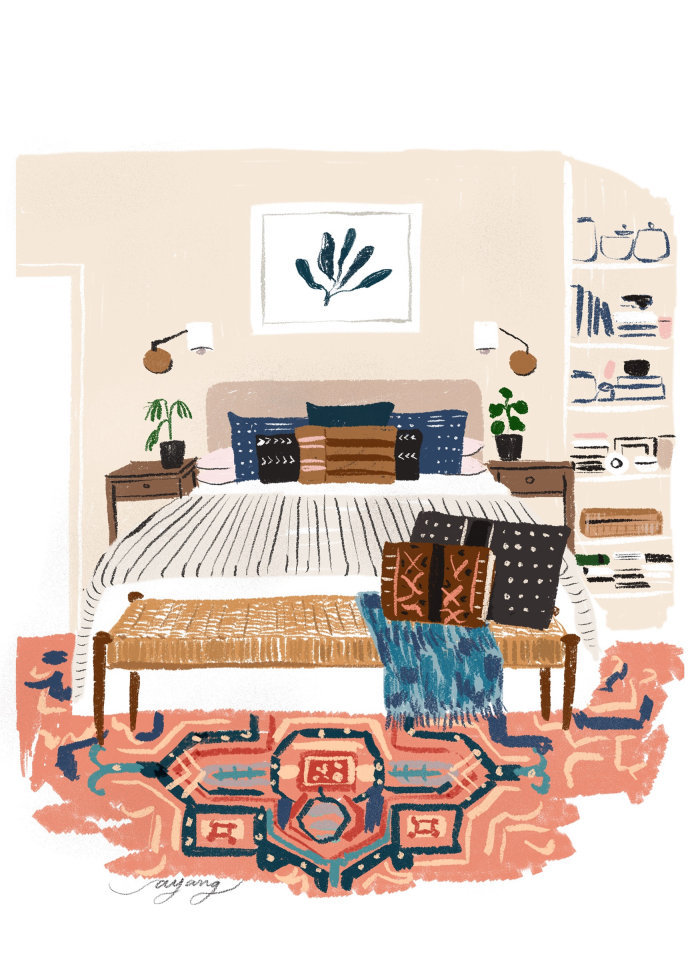 watercolor illustration of bedroom
