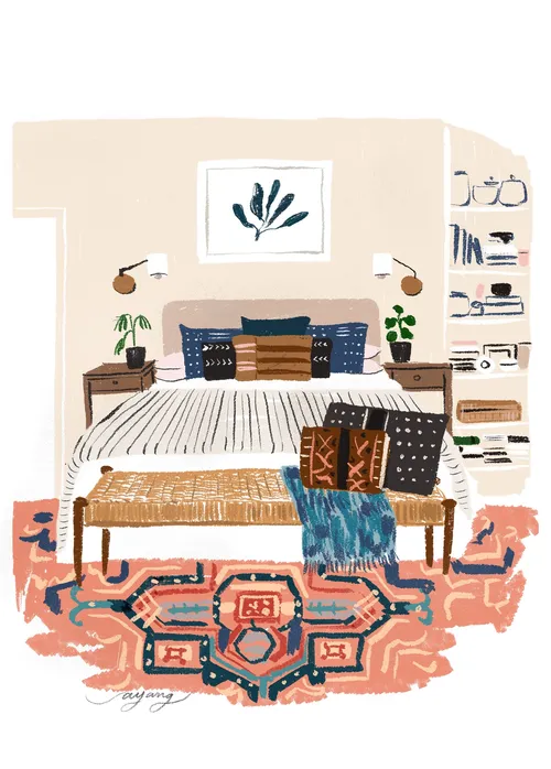 watercolor illustration of bedroom
