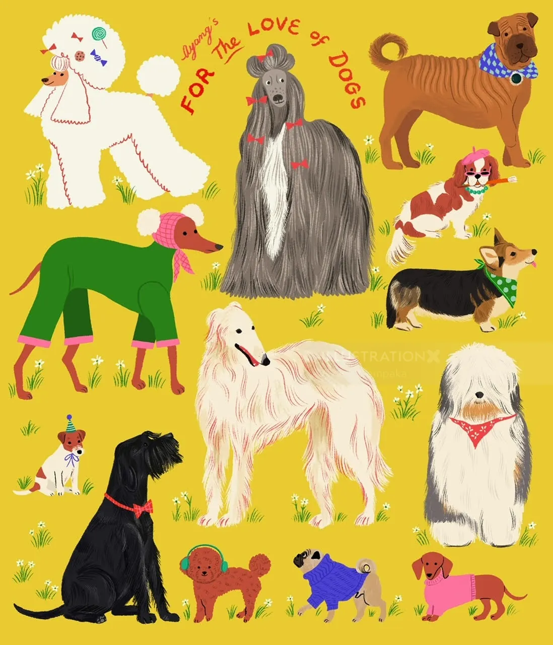 Colorful dog breeds illustration by Ayang Cempaka on yellow background