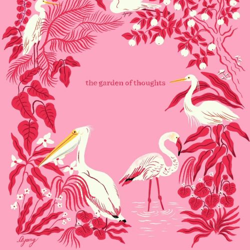 Pink garden scene with pelicans, cranes, and lush foliage by Ayang Cempaka