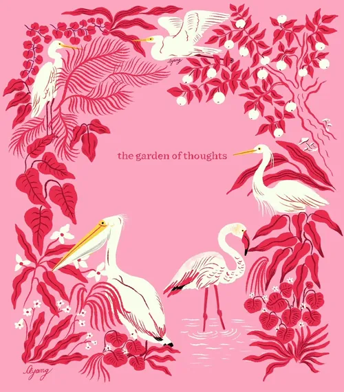 Pink garden scene with pelicans, cranes, and lush foliage by Ayang Cempaka