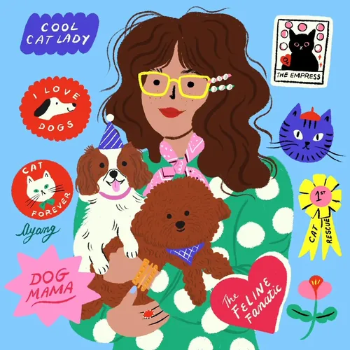 Illustration of a woman holding dogs with cat and dog badges by Ayang Cempaka