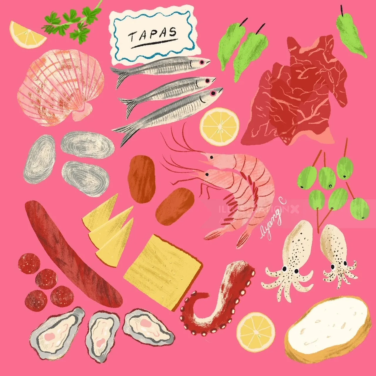 Illustration des ingrédients des tapas espagnoles par Ayang Cempaka