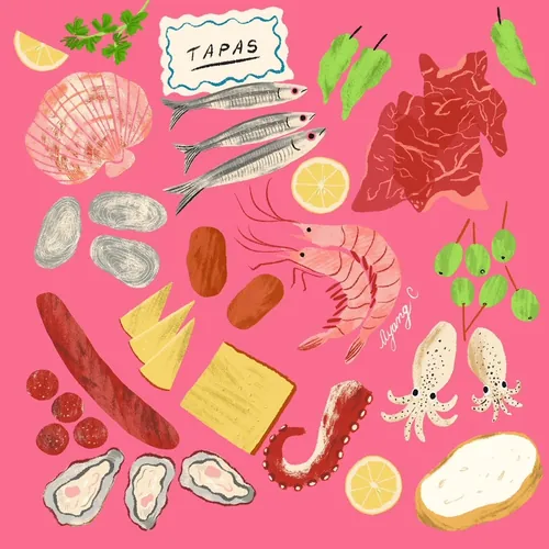 Illustration of Spanish tapas ingredients by Ayang Cempaka