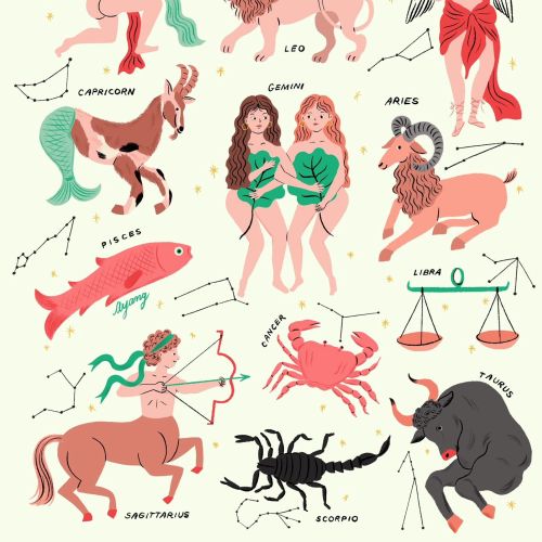 Zodiac constellation illustrations with figures and constellation lines by Ayang Cempaka
