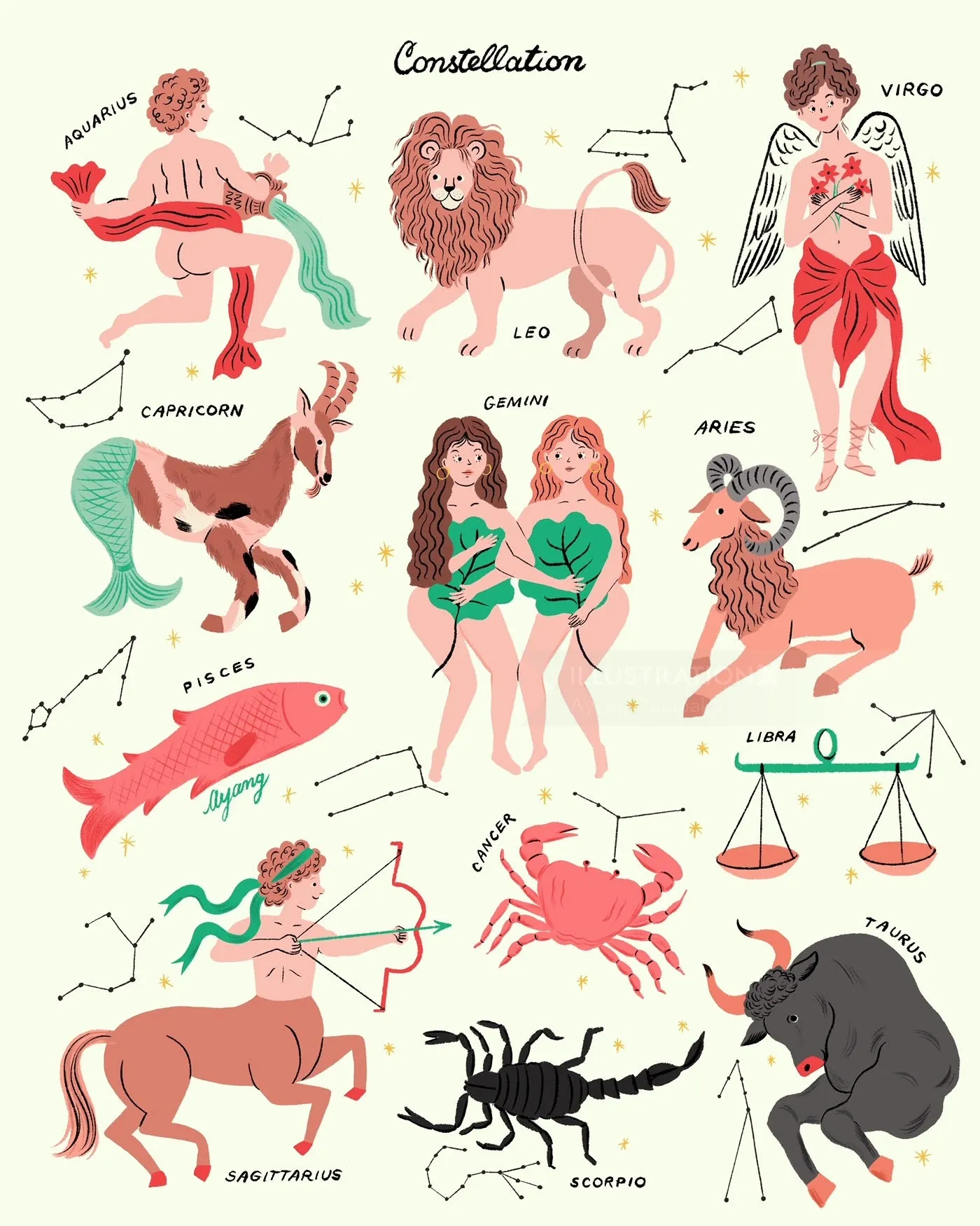 Zodiac constellation illustrations with figures and constellation lines by Ayang Cempaka