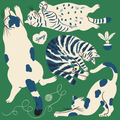 Illustration of four cats lounging on green background with yarn and plant by Ayang Cempaka