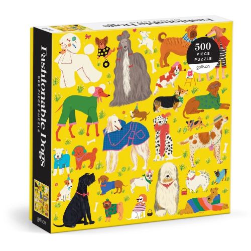 500-piece puzzle with illustrations of stylish dogs on yellow background