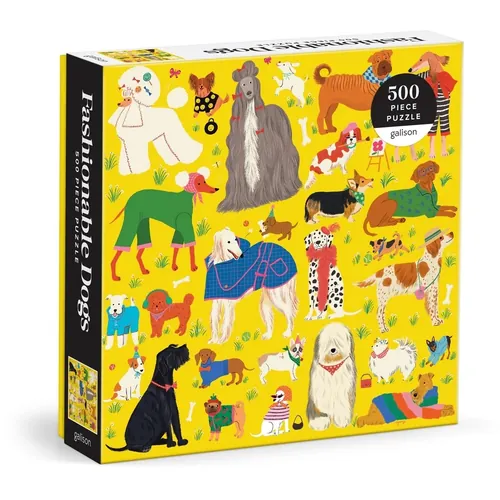 500-piece puzzle with illustrations of stylish dogs on yellow background