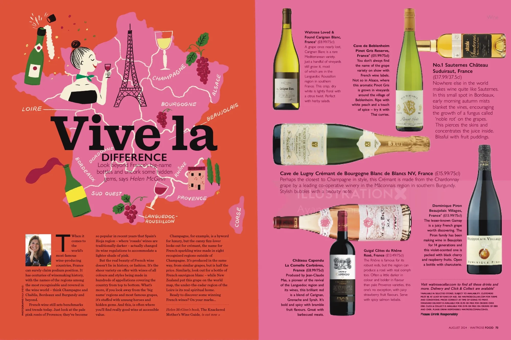Guide des vins français avec carte, illustrations de bouteilles et de notes de dégustation
