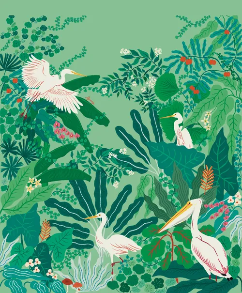White tropical birds among dense green jungle foliage with flowers