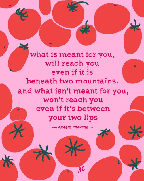 Arabic proverb text surrounded by red tomatoes on a pink background