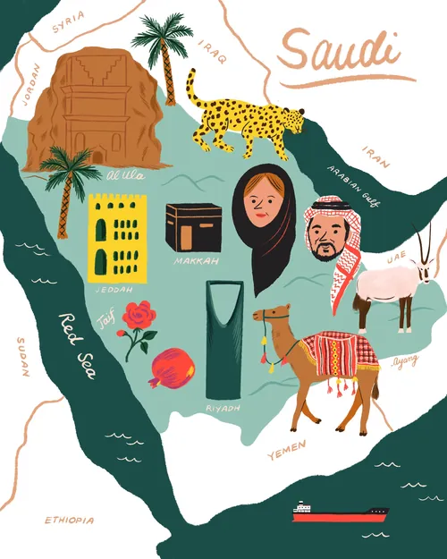 Map of Saudi Arabia with traditional clothing, palm trees, leopard, and landmarks