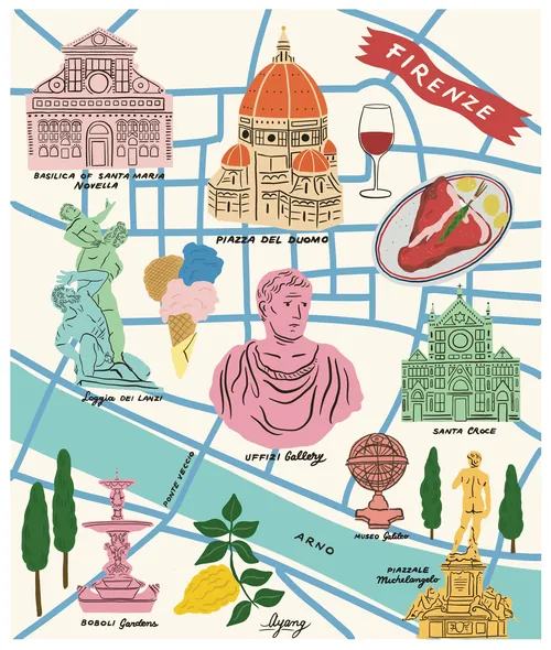Colorful illustrated map of Florence showing landmarks, food, and art