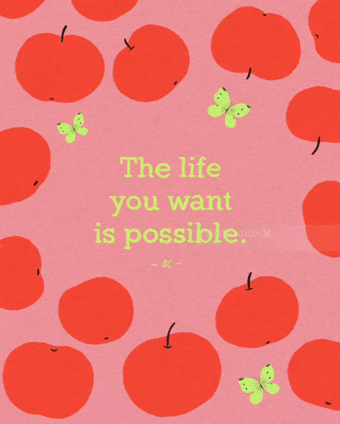 Maçãs vermelhas e borboletas verdes com uma frase inspiradora sobre um fundo rosa.
