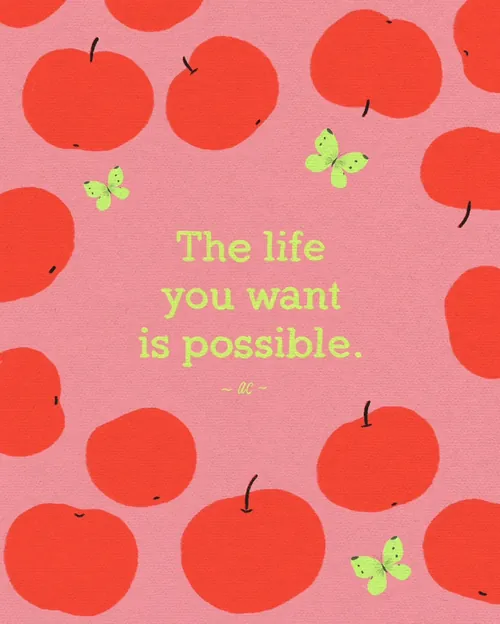 Red apples and green butterflies with inspirational quote on pink background.