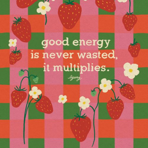 Strawberries and white flowers with motivational quote on checkered background
