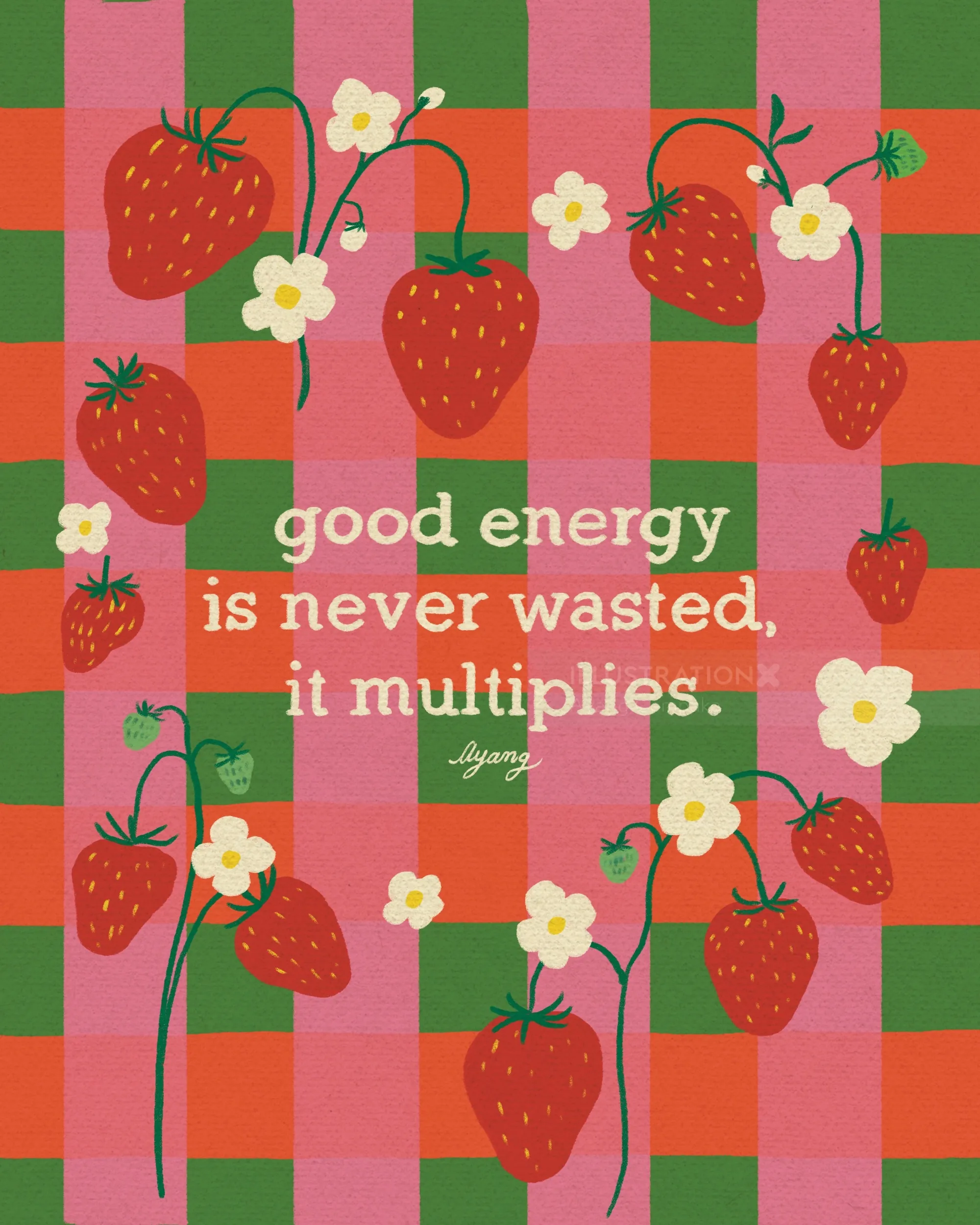 Strawberries and white flowers with motivational quote on checkered background