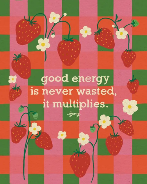 Strawberries and white flowers with motivational quote on checkered background