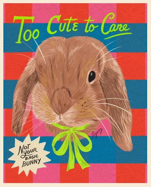 Brown bunny with green bow and text 'Too Cute to Care'