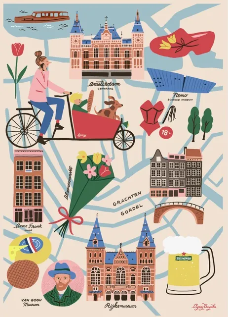Illustrated Amsterdam map with landmarks, tulips, canals, and a cyclist by Ayang Cempaka