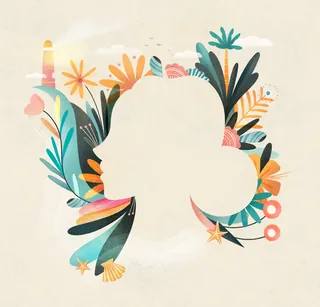 Floral woman silhouette with vibrant flowers and leaves by Barbara Tamilin