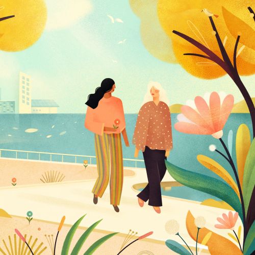 Illustration of a Two friends taking a stroll for Housekeeping Magazine