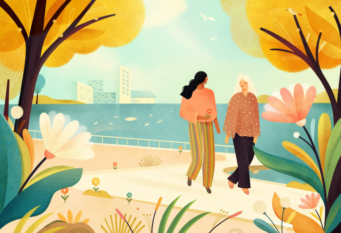 Illustration of a Two friends taking a stroll for Housekeeping Magazine
