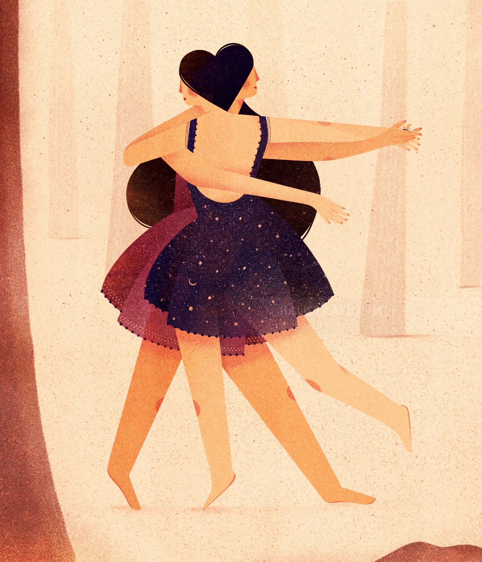 Two women embracing in purple dresses, artwork by Barbara Tamilin