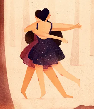 Two women embracing in purple dresses, artwork by Barbara Tamilin