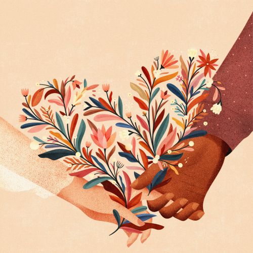 Illustration of two hands holding a colorful floral bouquet by Barbara Tamilin