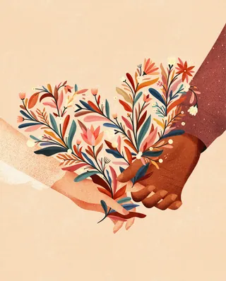 Illustration of two hands holding a colorful floral bouquet by Barbara Tamilin