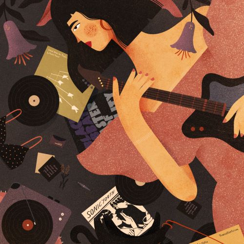 Woman playing guitar surrounded by vinyl records and sheet music by Barbara Tamilin