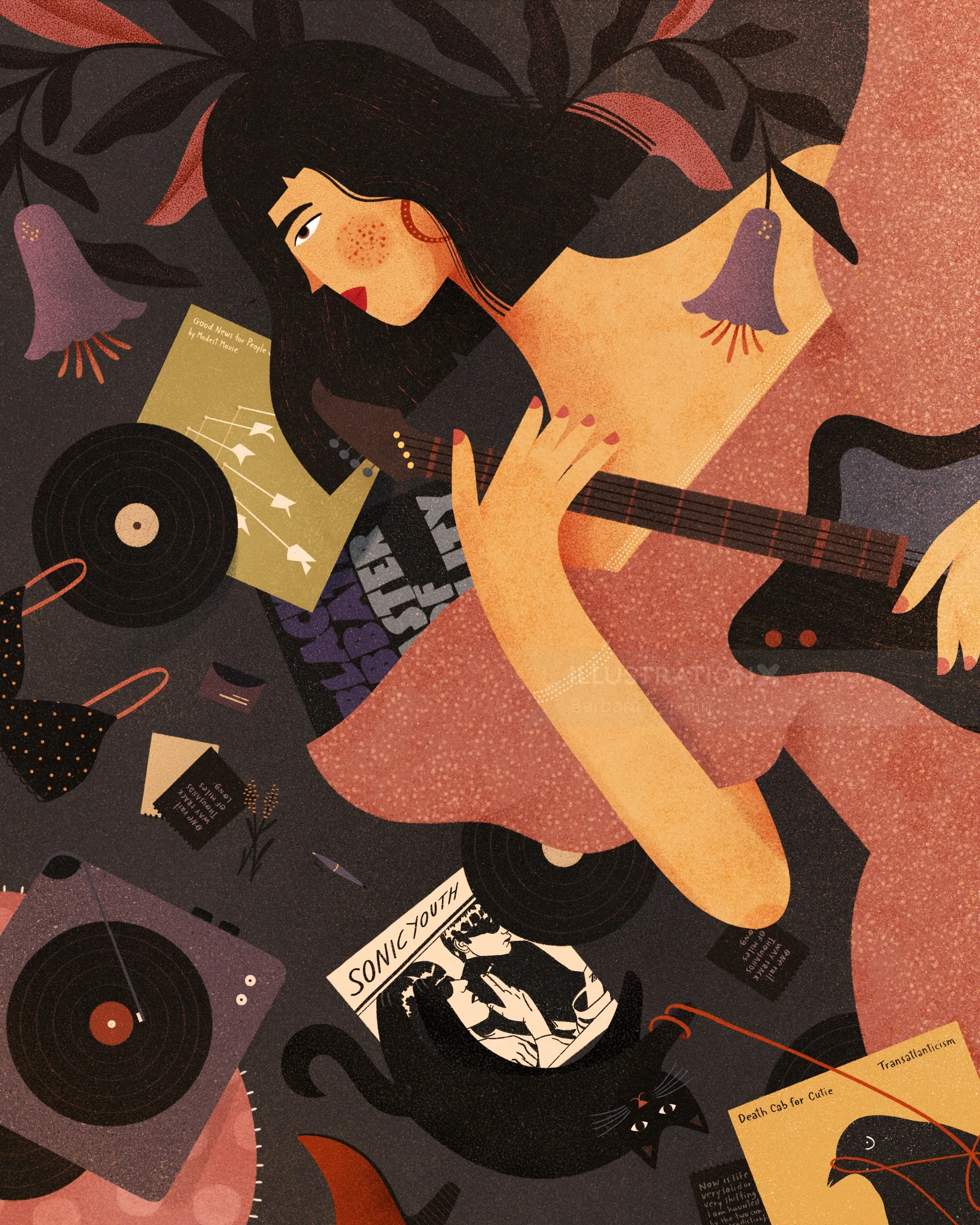 Woman playing guitar surrounded by vinyl records and sheet music by Barbara Tamilin