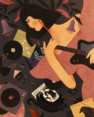 Woman playing guitar surrounded by vinyl records and sheet music by Barbara Tamilin