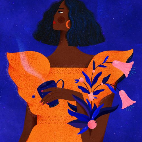 Woman holding flowers under starry sky by Barbara Tamilin